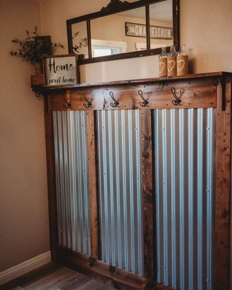 Tin Walls Rustic, Tin And Wood Walls, Galvanized Tin Walls, Rustic Mudroom, Rustic Wainscoting, Tin Wainscoting, Corrugated Metal Wall, Western Farmhouse, Tin House