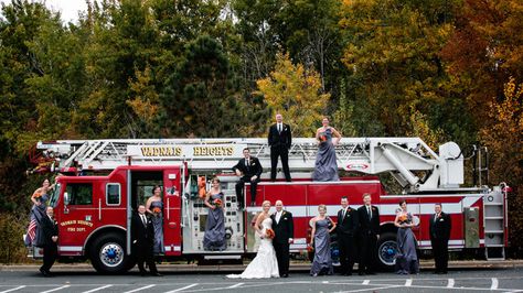 Firefighter Wedding Photos, Fire Department Wedding, Firefighter Engagement Pictures, Fireman Wedding, Firefighter Engagement, Wedding Reveal, Firefighter Wedding, Bridal Parties Pictures, Downtown Minneapolis