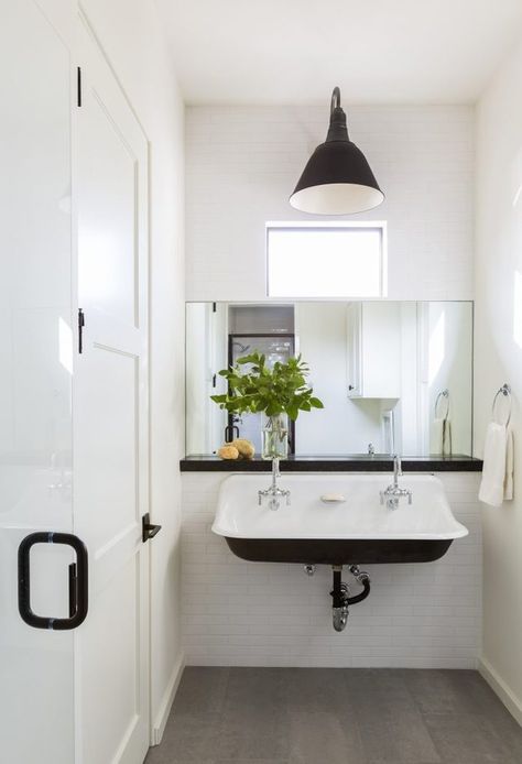 modern farmhouse trough sink black and white bathroom Farmhouse Trough Sink, Mirror And Light, Farmhouse Bathroom Sink, Trough Sink, Bathroom Farmhouse Style, Modern Farmhouse Bathroom, Bath Room, Modern Farmhouse Kitchens, Farmhouse Sink