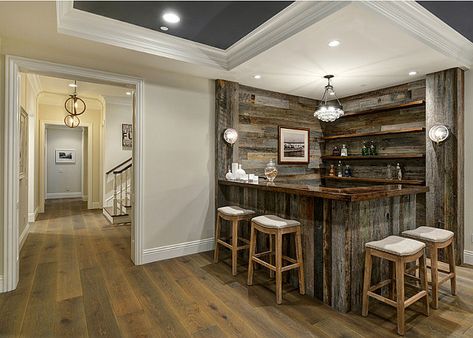 Beautifully done reclaimed bar complete with a duo wall set up and island. Wood Basement, Barnwood Bar, Wet Bar Basement, Basement Bar Plans, Reclaimed Wood Bars, Basement Bar Design, Transitional Coastal, Transitional Exterior, Rustic Basement