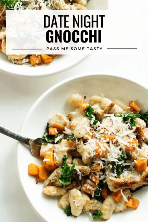 Date Night Gnocchi - A simple 30-minute dish featuring chicken, butternut squash, and kale combined in a creamy alfredo sauce and topped with grated parmesan cheese. So delish and dreamy! | passmesometasty.com #gnocchi #datenight #butternutsquash #dinner #glutenfree #passmesometasty Chicken Butternut Squash, Butternut Squash And Kale, Creamy Alfredo Sauce, Night Dinner Recipes, Chicken And Butternut Squash, College Food, Date Night Dinners, Night Recipes, Date Night Recipes