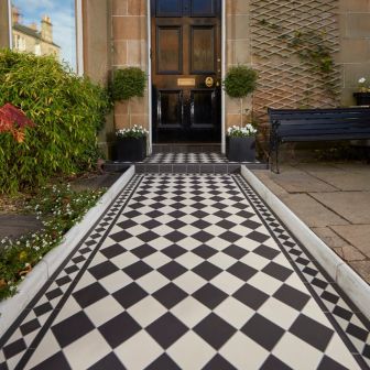 Path Tiles  |  Original Style Terrace House Interior, Victorian Front Garden, Front Path, Victorian Porch, Victorian Floor Tiles, Porch Tile, Victorian Floor, Dover White, White Victorian