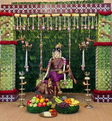 Gauri Decoration, Ganpati Decoration Theme, Maha Lakshmi, Mandir Decoration, Simple Stage Decorations, Vintage Brass Decor, Diy Floral Decor, Janmashtami Decoration, Diwali Decoration Items