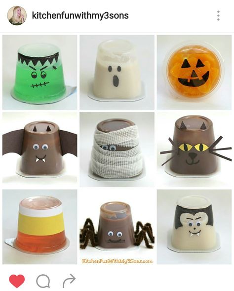 Halloween Jello Cups, Jello Halloween, Halloween Pudding Cups, Chocolate Pudding Cups, Halloween Jello, Halloween Snacks For Kids, School Holiday Party, Jello Cups, Kids Treats