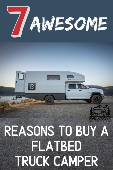 Truck campers have been increasing in popularity in recent years. The many benefits include creative floorplans, bathrooms, off-road capabilities and even demounting the camper portion. To learn more about types and benefits of  flatbed truck campers, check out this article. #rvblogger #truckcampers #rvtypes #4wdcamper #4x4camper #flatbedcamper #campertips #rvtips Flatbed Truck Camper, Truck Topper Camping, Truck Cap Camping, Camper Projects, Adventure Truck, Slide In Truck Campers, Truck Living, Pop Up Truck Campers, Camper Tops