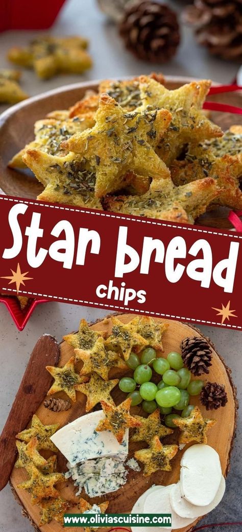 These homemade star bread chips are the perfect easy appetizer or adding to a charcuterie board. Made with crusty bread, olive oil, and herbs, these star bread chips are perfect for dunking, dipping, and serving for the holiday season. Great for New Years and the 4th of July too! Star Shaped Appetizers, Star Charcuterie Board, Star Shaped Food, Movie Meals, Bread Olive Oil, Bread Chips, Appetizer Table, Christmas Appetizers Easy, Star Bread