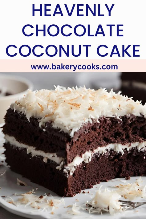 Chocolate Coconut Cake is a decadent dessert that blends the rich flavors of chocolate with the sweet, tropical taste of coconut. This moist and indulgent cake is layered with creamy coconut frosting, creating a perfect balance of textures and flavors. Ideal for any special occasion, it's a treat that both chocolate and coconut lovers will adore. Dark Chocolate Coconut Cake, Chocolate And Coconut Cake, Chocolate Cake Coconut, Chocolate Coconut Cake, Almond Joy Cake, Chocolate Layer Cake Recipe, Chocolate Box Cake, Chocolate And Coconut, Coconut Cake Recipe