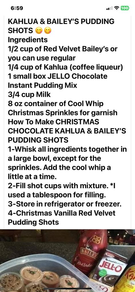 Christmas Pudding Shots, Red Velvet Pudding, Choc Pudding, Kahlua Coffee Liqueur, Pudding Shots, Shot Cups, Christmas Sprinkles, Instant Pudding Mix, Instant Pudding