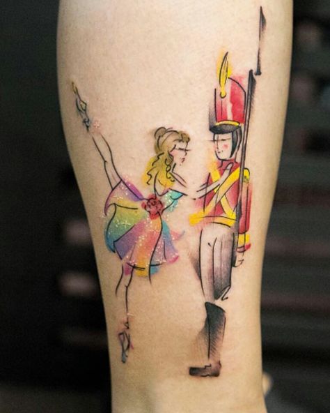 Ballerina and tin soldier Ballerina Tattoo, Christmas Tattoos, Soldier Tattoo, Hp Tattoo, Christmas Tattoo, Landscape Tattoo, Floral Cuff, Tatuaje A Color, Funny Tattoos