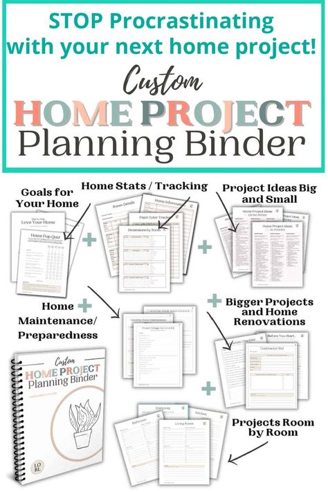 The Custom Home Project Planning Binder can help you create a plan for home projects so you know exactly what project needs your focus and attention next! Create a home you love today! New Home Build Binder, Home Project Binder, Home Building Binder, Home Project Planner, Home Owner Binder, Household Planner Home Management Binder Free Printables, Project Binder, Project Planning Template, Chalk Paint Furniture Diy