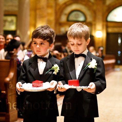 The two ring bearers, Chelsea’s cousins, wore black tuxedos and carried  the rings in red boxes  on silver platters. White Gold Ruby Ring, Topaz Wedding Ring, Pink Morganite Engagement Ring, Gold Leaf Rings, Classic Tuxedo, Bearer Outfit, Ring Bearers, Ruby Ring Gold, Ring Bearer Outfit