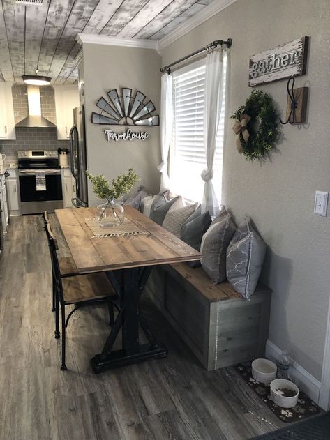 Small Living Room Trailer Ideas, Farmhouse Kitchen Small Space House, Kitchen Ideas Trailer Home, Trailer Diy Ideas Mobile Homes, Updating A Double Wide Trailer, Small Living Room Decor Mobile Home, Farmhouse Ideas For Small House, Decorating Trailers Mobile Homes, Trailer Home Interior Ideas