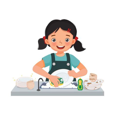 happy cute little girl washing dishes standing at sink in the kitchen doing housework chores at home Dishes Clipart, Washing The Dishes, English Grammar For Kids, Grammar For Kids, Hello April, Geometric Rose, House Chores, Pink Watercolor Flower, Watercolor Floral Pattern