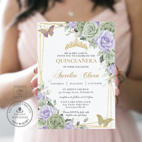 Sage Green And Purple, Pastel Sage Green, Quinceañera Invitation, Butterfly Invitations, Quinceanera Invitation, Invitation Diy, Quince Ideas, Australia Photos, Lavender Floral