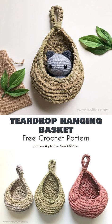 Small Hanging Basket Free Crochet Patterns Perfect basket for small plants or items. Teardrop Hanging Basket, Small Hanging Basket, Yarn Creations, Crochet Basket Pattern Free, Basket Crochet, Crochet Baskets, Crochet Storage, Crochet Plant, Crochet Basket Pattern