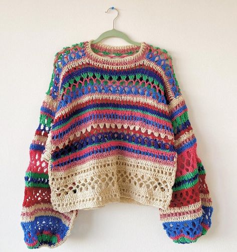 Crochet Funky Sweater, Crochet Sweater Colorful, Multicolor Crochet Sweater, Summer Crochet Sweater, Colorful Crochet Sweater, Vintage Crochet Sweater, Scrap Crochet, Scrap Yarn Crochet, Hippie Crochet