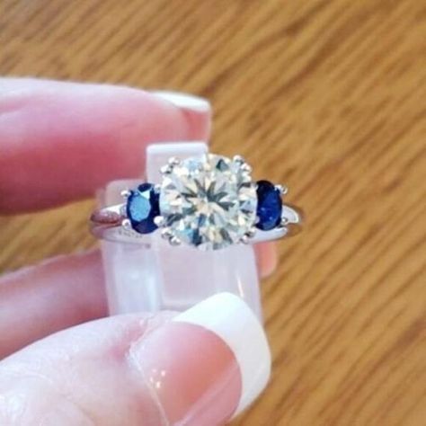 3 Stones Ring, 3 Stone Engagement Rings, Blue Stone Ring, Sterling Silver Engagement Rings, Engagement Ring Sizes, Three Stone Engagement, Three Stone Engagement Rings, Moissanite Wedding Bands, Jewelry Ring Box