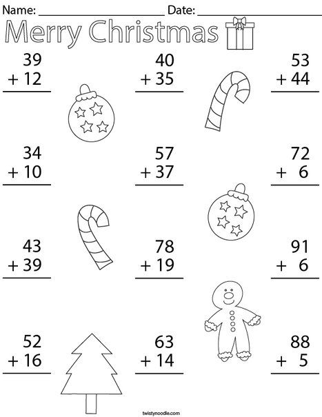 Christmas Double Digit Addition Math Worksheet - Twisty Noodle Double Addition Worksheet, Christmas Math Worksheets 2nd Grade, Christmas Worksheets 2nd Grade, Preschool Readiness, Holiday Math Worksheets, Nursery Worksheets, December Math, Double Digit Addition, Christmas Addition