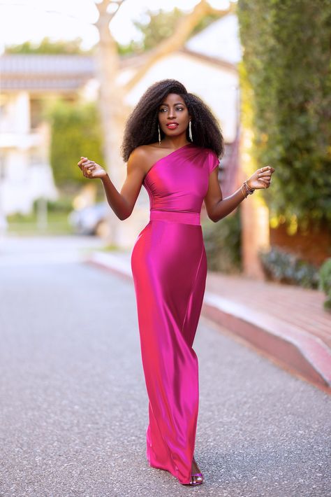 Magenta One Shoulder Maxi Dress Fushia Maxi Dress, Fuschia Dress Outfit Wedding, Fuchsia Dress Outfit Wedding, Magenta Dress Outfit Wedding, Shadi Lehenga, Magenta Dresses, Choir Outfits, One Shoulder Long Dress, Pink Dress Outfits