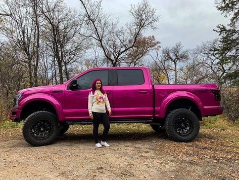 Pink Ford F150, Black Truck With Pink, Muddy Girl Camo Truck, Girl Truck Accessories, Pink Four Wheeler, Pink Lifted Trucks, Pink Chevy Trucks, Dodge Ram Truck Accessories, Pink Trucks