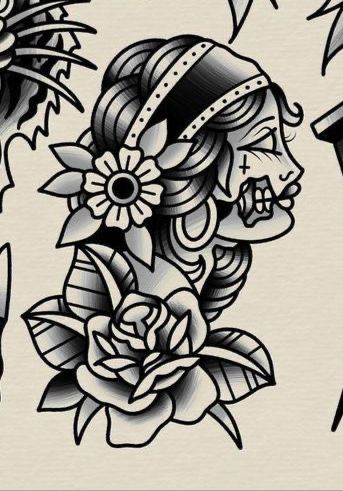 Traditional Sleeve Black And Grey, American Traditional Chest Tattoo Female, Chicano Traditional Tattoo, American Traditional Collar Bone Tattoo, Trad Chest Tattoo, Black And Gray American Traditional, Black Work Traditional Tattoo, Arm Traditional Tattoo, Big Traditional Tattoo