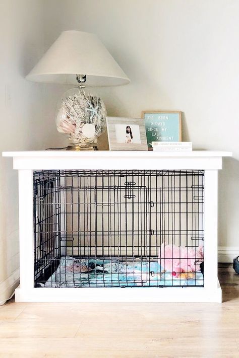 This DIY Dog Crate Furniture Piece Is Easy to Make and Surprisingly Chic #livingroom Large Dog Crate Small Space, Furniture Dog Crate Plans, Covering Dog Crate Ideas, Build Around Dog Crate, Diy Sunroom Furniture, How To Make A Dog Kennel Look Better, Diy Wood Dog Crate Cover, Dog Crate Dresser, Ikea Hack Dog Crate