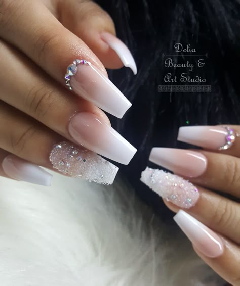 Ombre Nails With Bling, Coffin Ombre French Nails, Ombre Nails With Stones, French Ombre Nails Coffin Glitter, Wedding Nails Coffin Shape, French Ombre Nails With Rhinestones, French Ombre Nails With Design, Ombre Coffin Nails, Pink And White Ombre Nails With Design