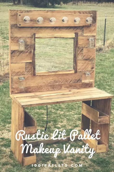 Things To Build Out Of Pallets, Diy Pallet Vanity How To Build, Pallet Makeup Vanity, Pallet Board Projects, Vanity Pallet, Character Bathroom, Pallet Vanity, Diy Mason Jars, Pallet Makeup