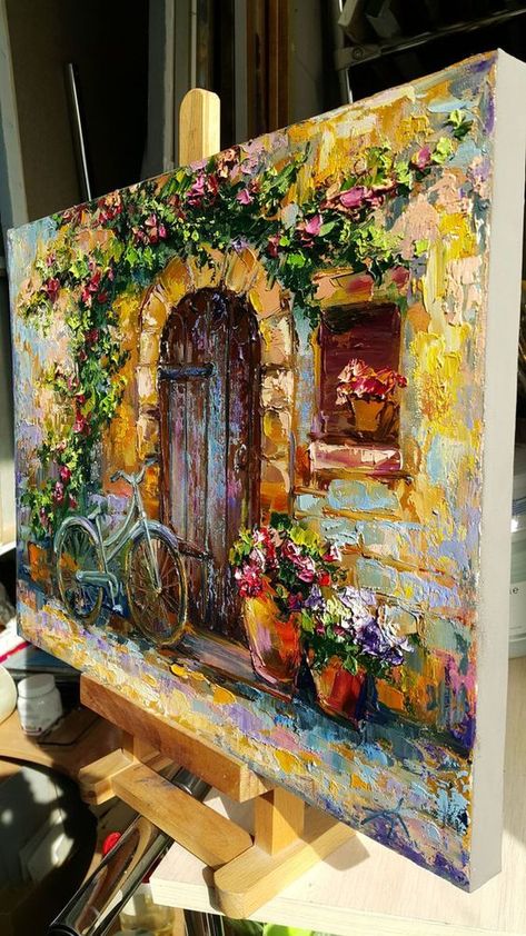 Painting oil " Cozy patio " original impasto artwork Oil painting by Anastasia Kozorez | Artfinder Anastasia Kozorez, Urban Landscaping, Impasto Artwork, Mediterranean Paintings, Kulfi Recipe, Simple Subject, Sky Art Painting, Cozy Patio, Street Painting