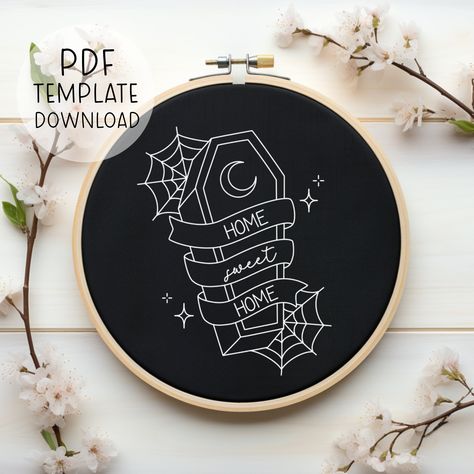 Goth Home Sweet Home Embroidery Pattern, Coffin Embroidery Pattern, Witch Embroidery Design, Halloween Embroidery Pattern Gothic Embroidery Gothic Embroidery Design, Embroidery Spooky, Embroidery Gothic Design, Graveyard Embroidery, Haunted House Embroidery, Gothic Home, Goth Home, Halloween Embroidery, Types Of Stitches