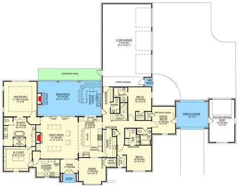 Single-Story 4-Bedroom Modern French Country Home with Porte Cochere (Floor Plan) French Country House Plans With Porte Cochere, House With Porte Cochere Floor Plans, Home Plans With Porte Cochere, House Plans With Motor Court, Houses With Porte Cochere, Porte Cochere Floor Plan, Floor Plans With Porte Cochere, One Story House Plans With Porte Cochere, House Plan With Motor Court