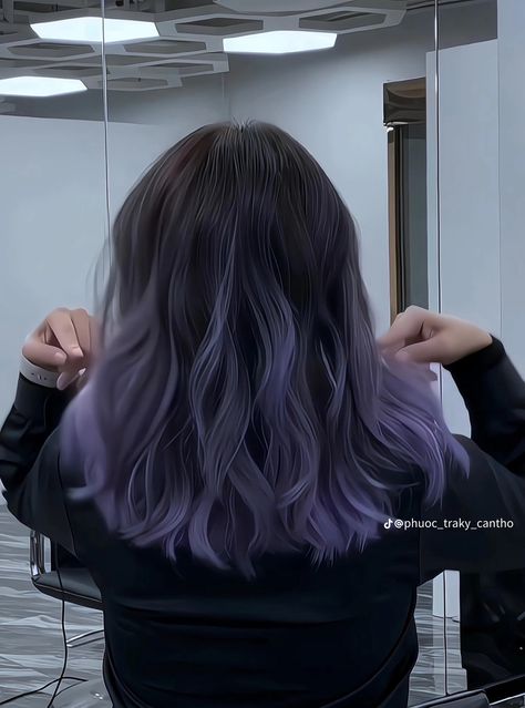 Types Of Ways To Dye Hair, Purple Hair Fade, Lavender And Black Hair, Asian Purple Hair, Hair Dye Ideas For Brown Hair, Medium Purple Hair, Asian Hair Dye Ideas, Half Colored Hair, Purple Blonde Hair