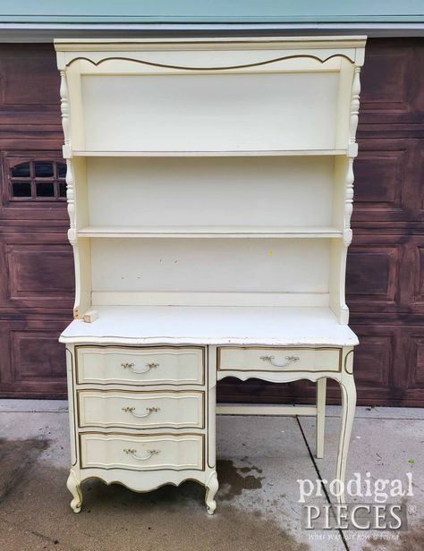 French Provincial Desk With Hutch, Desk With Hutch Makeover, French Provincial Desk Makeover, French Style Desk, French Provincial Desk, Refurbished Desk, Repurposed Desk, Shelf Makeover, Chic Beach House