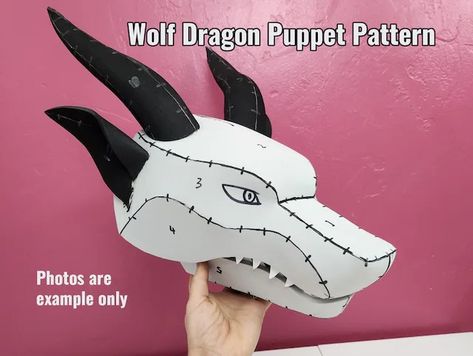 View Puppet Patterns by Kazplay on Etsy Paper Mask Template, Dragon Aesthetic, Low Poly Mask, Dragon Base, Make A Dragon, Tiger Mask, Dragon Mask, Wolf Mask, Puppet Patterns