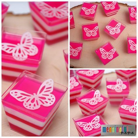 Butterfly Food - Pink Layered Jello Cups Pink Jello Dessert, Butterfly Food Ideas, Butterfly Desserts, Birthday Party Activities For Kids, Butterfly Party Ideas, Butterfly Snacks, Party Activities For Kids, Butterfly Food, Chocolate Butterflies