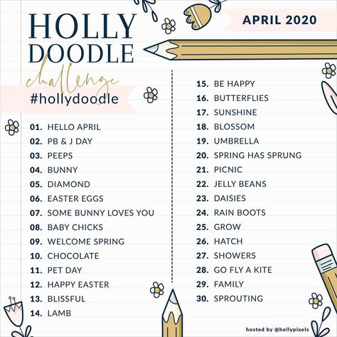 Holly Pixels on Instagram: “Ready to doodle in April? Our new April doodle prompts are here and ready to challenge you to improve your lettering.⁠ ⁠ I'm so excited…” Holly Doodle, Doodle Prompts, Agenda Scrapbook, Doodle Challenge, Sketchbook Challenge, Hello April, Photo A Day Challenge, Journal Challenge, Procreate Drawing