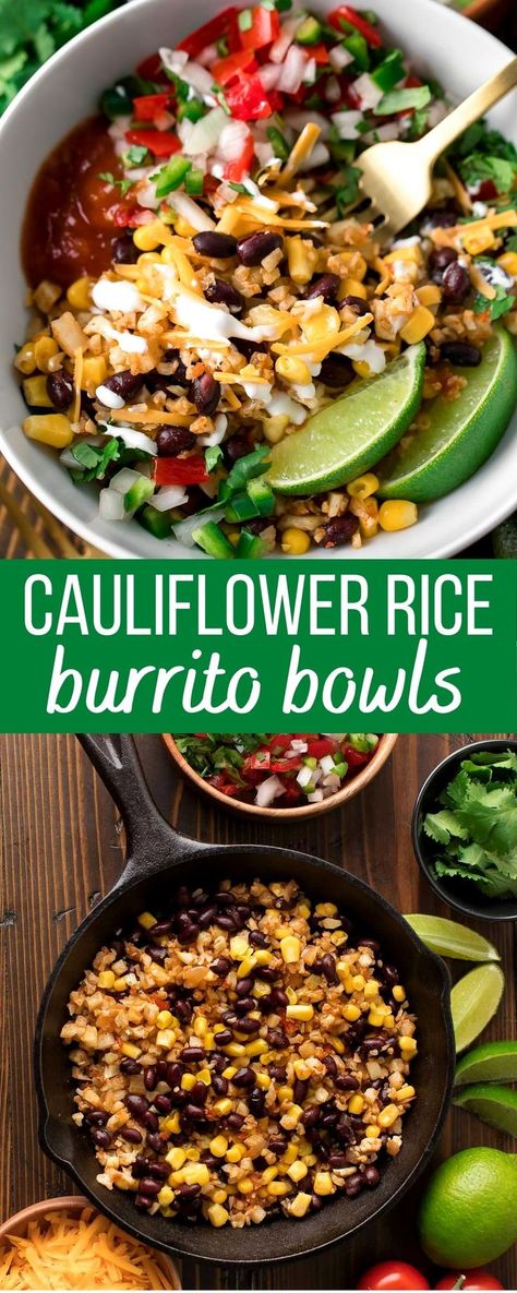 burrito bowls with cauliflower rice, black beans, corn, and Pico de Gallo salsa Riced Cauliflower Burrito Bowl, Cauliflower Rice Veggie Bowl, Cauliflower Rice Bowl Meal Prep, Cauliflower Rice Mexican Bowl, Bowls With Cauliflower Rice, Cauliflower Rice Power Bowl, Fiesta Bowl Recipe Healthy, Burrito Bowl With Cauliflower Rice, Keto Burrito Bowl Cauliflower Rice