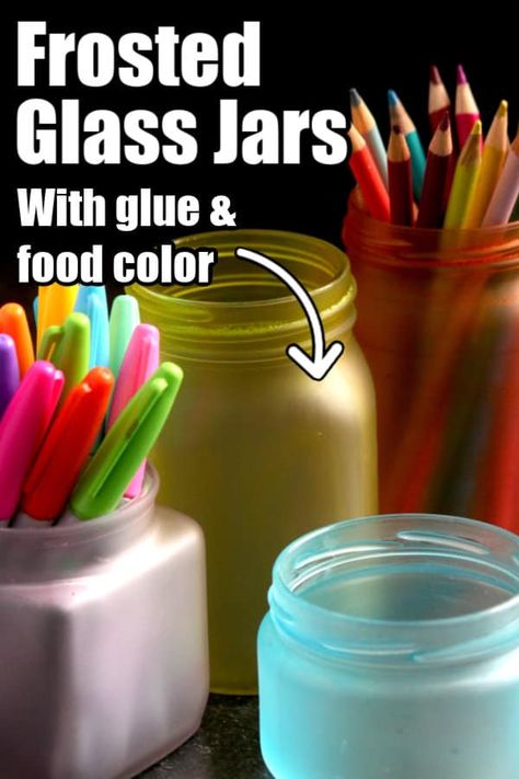 Give glass jars a frosted effect with a bit of glue and a few drops of food colouring. They're gorgeous for storing pens, pencils, paintbrushes, etc. #HappyHOoligans #Kids #Crafts #Activity #Art #Glass #Jar #Frosted #Glue #FoodColor Glue And Food Coloring Mason Jar, How To Dye Glass Jars, How To Colour Glass Bottles, How To Paint Jars, How To Paint Mason Jars Diy, Frosting Glass Diy, Coloring Glass Jars, How To Frost Glass Jars, How To Paint Glass Jars