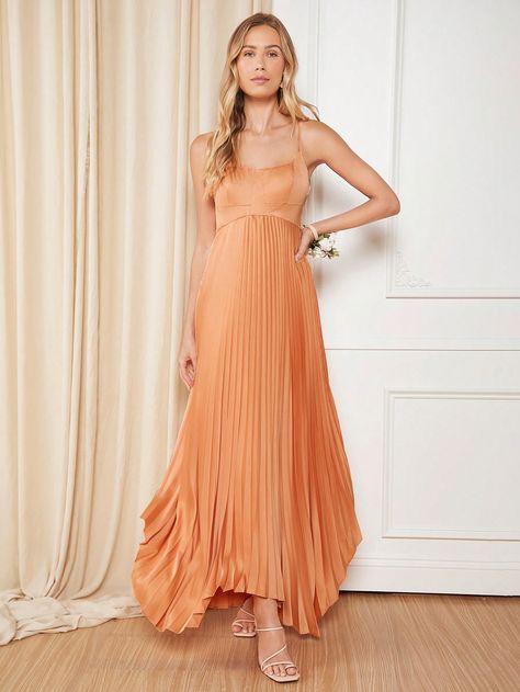 SHEIN Belle Pleated Hem Cami Bridesmaid DressI discovered amazing products on SHEIN.com, come check them out! Pale Orange Bridesmaid Dresses, Light Orange Bridesmaid Dresses, Patterned Bridesmaid Dresses, Orange Gown, Latest Bridesmaid Dresses, Peach Bridesmaid Dresses, Apricot Dress, Orange Bridesmaid, Orange Bridesmaid Dresses