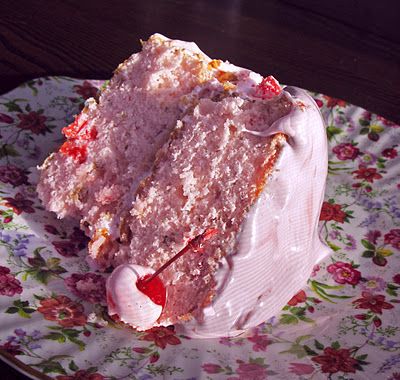 Recipe for Maraschino Cherry Cake with Fluffy Cherry Frosting - When I was a girl, I dreamed of this kind of cake, all pink and soft with fluffy pink cloud frosting. It was the cake that I imagined princesses ﻿ate. I had forgotten about those dreams until I ran across the recipe for Maraschino Cherry Cake in The American Century Cookbook (The Most Popular Recipes of the 20th Century) by Jean Anderson. Maraschino Cherry Cake, Cherry Frosting, Cherry Cake, Coconut Cake, Piece Of Cake, Maraschino Cherry, Cherry Bomb, Yummy Sweets, Pinterest Recipes