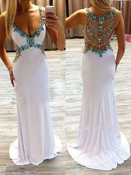 A-Line/Princess V-Neck Sleeveless Sweep/Brush Train Beading Satin Dresses Prom Gowns Elegant, White Prom Dress Long, Jersey Prom Dress, White Evening Gowns, Princess Prom Dresses, Prom 2016, White Prom, White Prom Dress, Elegant Prom Dresses