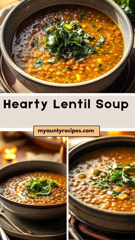 Make your mealtime easier with our Easy Hearty Lentil Soup Recipe! This wholesome soup is loaded with lentils, vegetables, and herbs, creating a delicious and hearty dish. It’s perfect for busy weeknights or meal prep, offering plenty of flavor and nutrition in every bowl. Serve it with your favorite bread for a comforting and filling meal that’s simple and satisfying. Bean Lentil Recipes, Savory Lentil Soup, Lentil Soup Recipe With Meat, Trader Joes Lentil Soup Recipe, Simple Lentil Soup Recipe, Pureed Lentil Soup, Scottish Lentil Soup Recipe, Hearty Lentil Soup, Marry Me Lentils