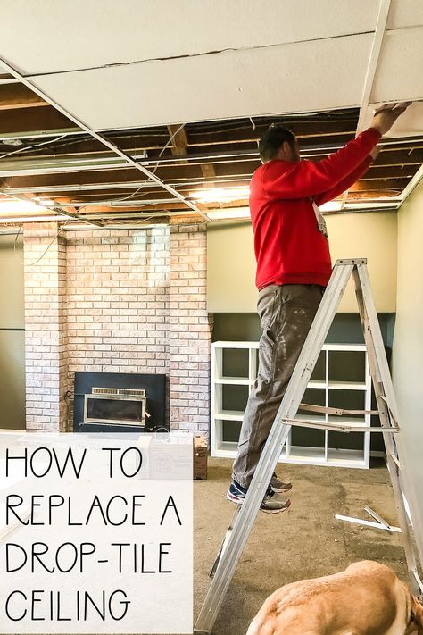 Drop Ceiling Makeover, Drop Ceiling Basement, White Ceiling Paint, Basement Diy, Ceiling Tiles Basement, Tile Ceiling, Drop Ceiling Tiles, Plank Ceiling, Brick Fireplace Makeover