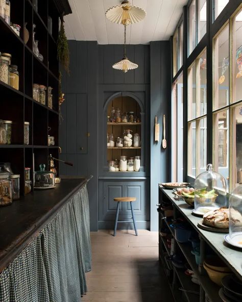 Moody Pantry, Pink Dining Rooms, Trading Places, Natural Wood Flooring, Dark And Moody, Bookcase Wall, The Home Edit, London Apartment, Shop Interiors