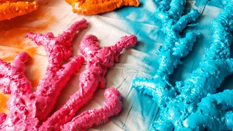 Coral Reef Display Classroom, Homemade Coral Reef, Diy Coral Reef Decorations Under The Sea, How To Make Coral Color, How To Make Coral Reef Decorations, How To Make Coral, Spray Foam Coral Reef, Ocean Theme Party Decorations Diy, Paper Mache Coral Reef