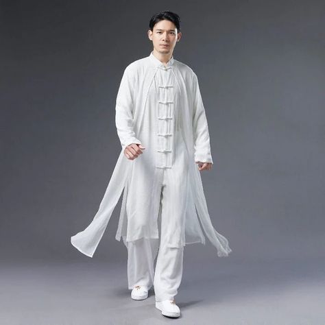 Tang suit, Kong fu suit, Tai chi suit for men White Hanfu Male, Long Shirt Men, Hanfu Men, Men's Robes, Tang Suit, Linen Suit, Suit Shirts, Chinese Clothing, Summer Outfits Men