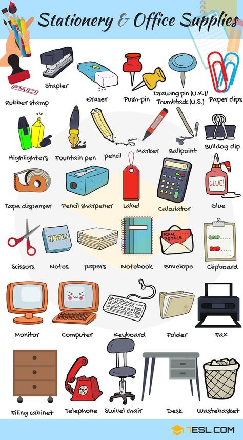 Useful list of Stationery and Office Supplies you may find in the office. Stationery is a mass noun referring … Tools Vocabulary, Office Supplies List, Vocabulary In English, Learning English For Kids, English Vocab, English Verbs, English Language Teaching, English Lessons For Kids, English Writing Skills