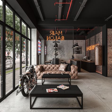 Modern Tattoo Studio Interior Design, Motorcycle Interior Design, Barbershops Designs, Barber Decor Ideas, Industrial Tattoo Studio, Barber Studio Ideas Luxury, Interior Design Tattoo Studio, Modern Barbershop Design, Cool Barber Shop Ideas