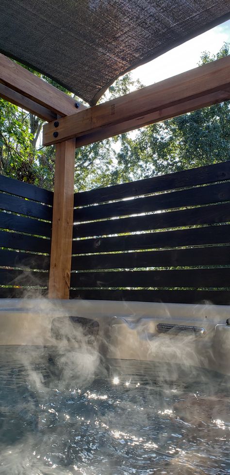 Hot Tub Area Ideas Privacy Screens, Covered Patio Ideas With Hot Tub, Modern Hot Tub Backyard, Hot Tub Patio Privacy, Replacing Hot Tub Skirting, Hot Tub Awning Ideas, Privacy Fence Hot Tub, Covered Deck With Hot Tub, Hot Tub Backyard Privacy