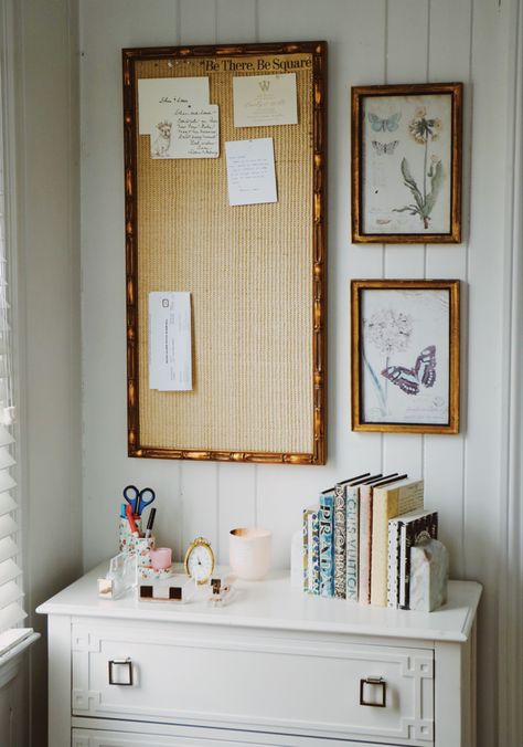 Gallery Wall With Bulletin Board, Above Desk Art, Bulletin Board Aesthetic Room, Bulletin Board Aesthetic Ideas, Wayfair Dresser, Bulletin Board Ideas For Home, Desk Bulletin Board, Bulletin Board Ideas For Bedroom, Office Bulletin Board